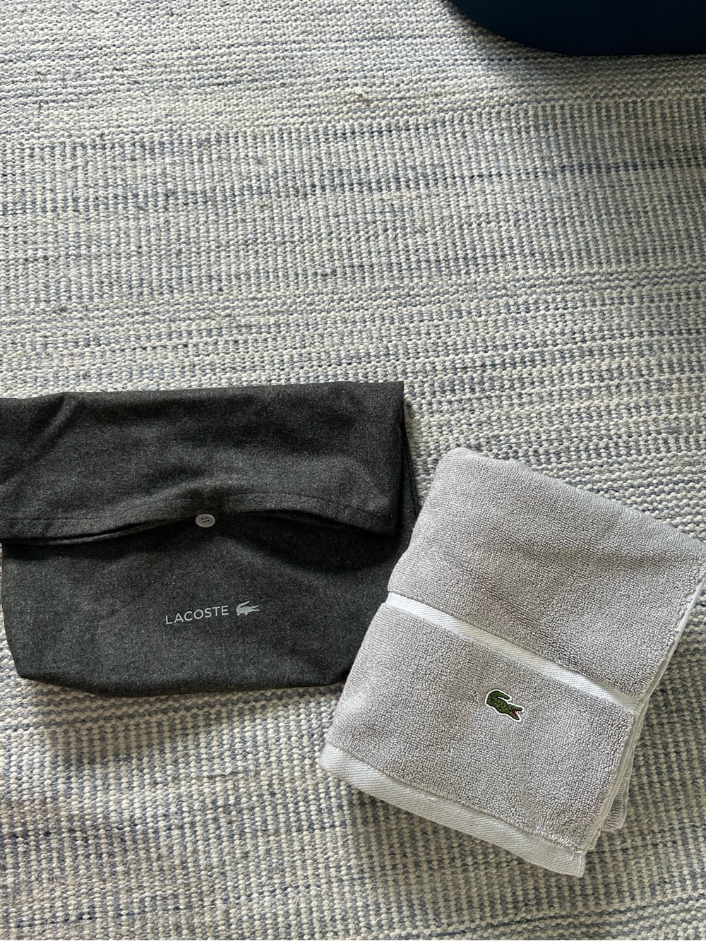 Lacoste Men’s Gray Toiletry Pouch with Light Gray Towel and Green Crocodile